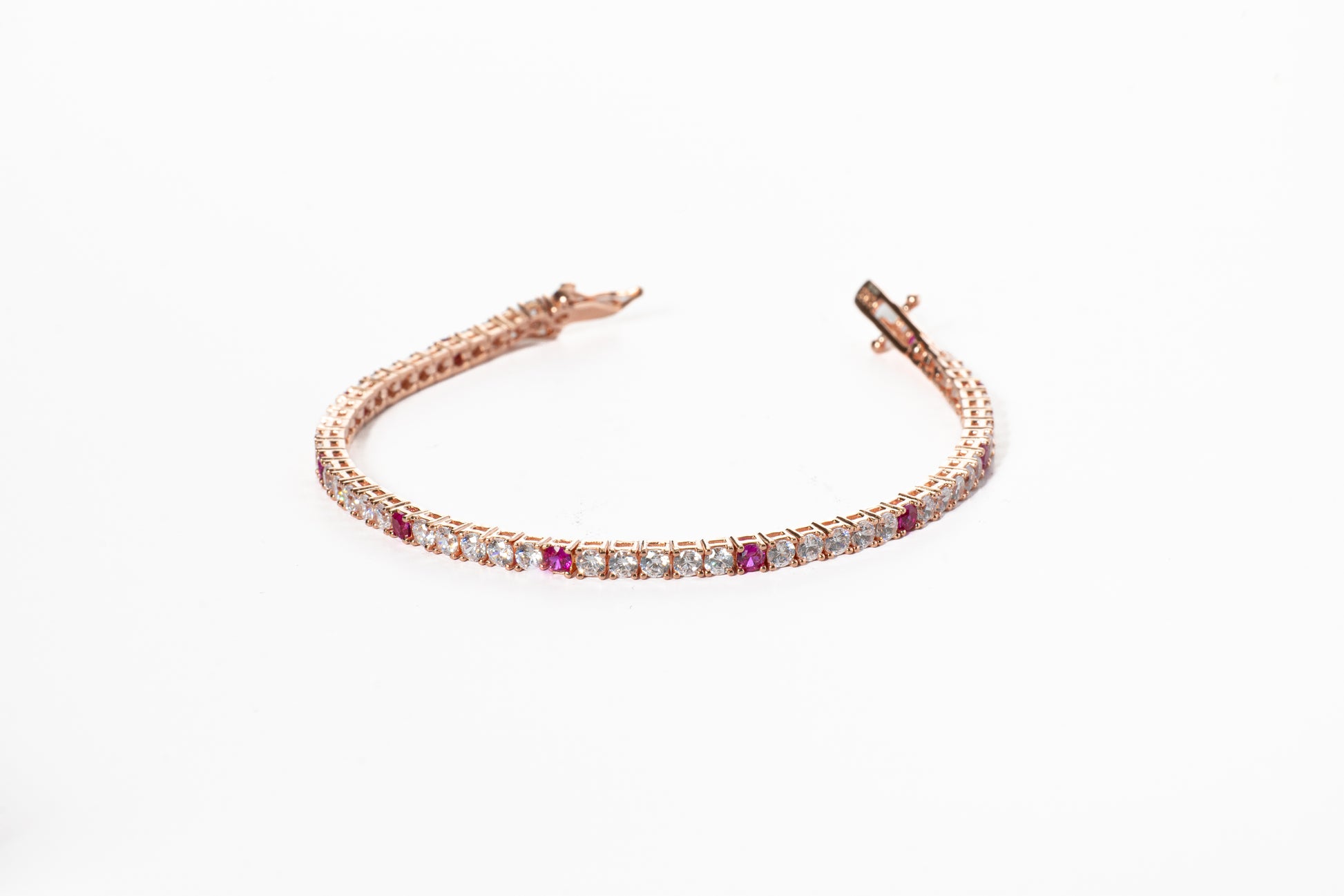 Bracciale " Tennis " Argento Oro Rosa e Diamanti e Pietre Fucsia 5/1 - Meraki Jewels