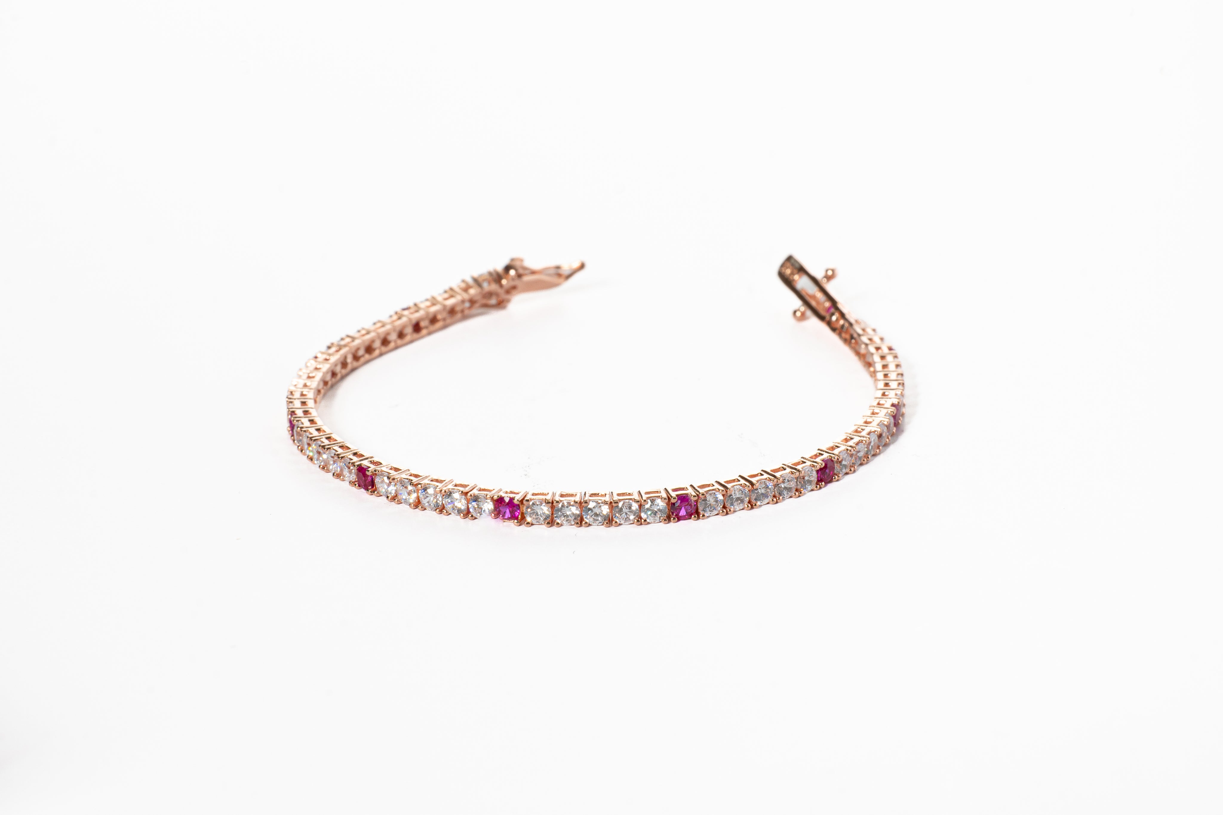 Bracciale " Tennis " Argento Oro Rosa e Diamanti e Pietre Fucsia 5/1 - Meraki Jewels