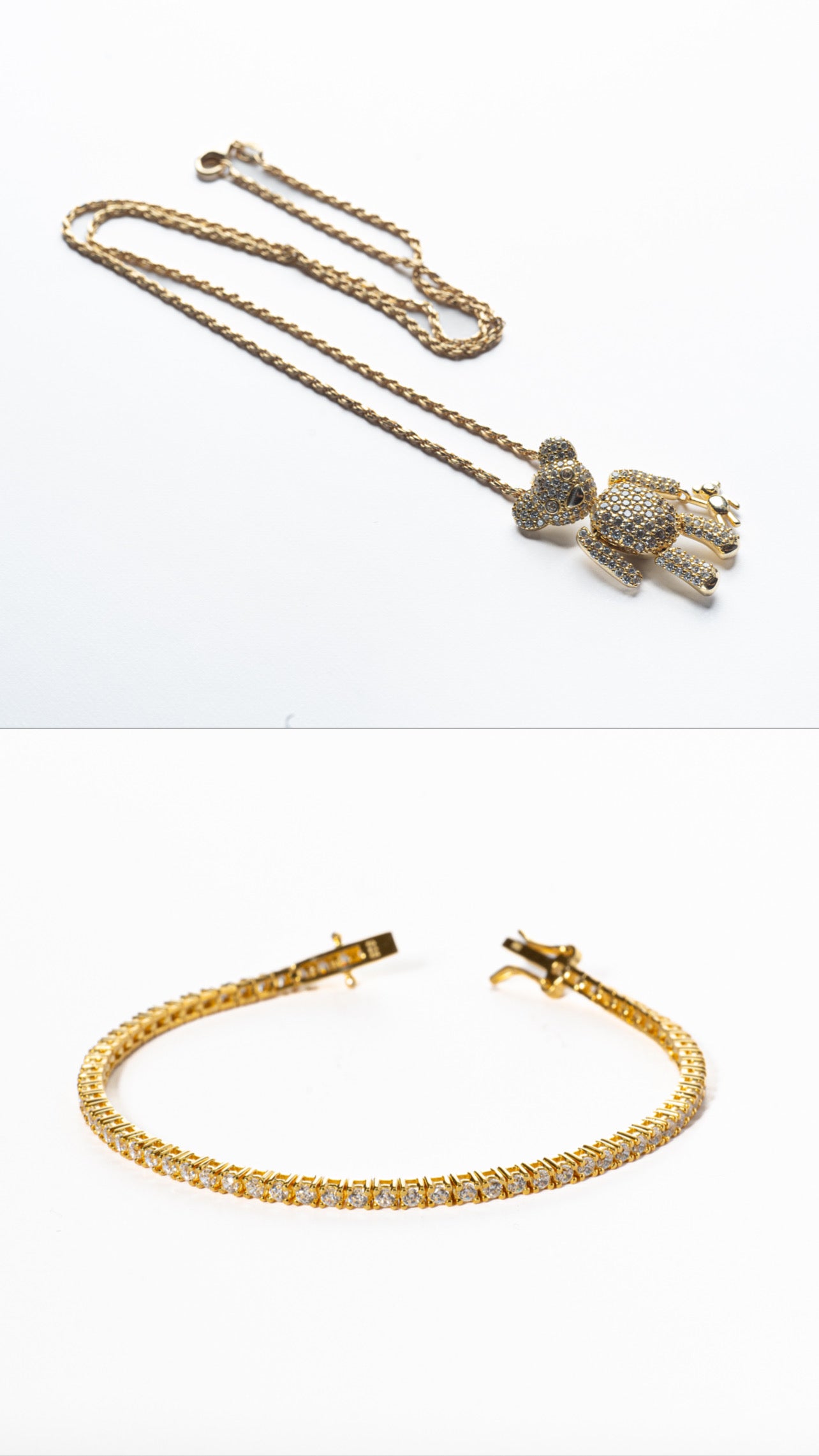 Combo Bracciale "Tennis" Dorato e Diamanti + Collana Pendente Orso "Ice" in Oro - Meraki Jewels